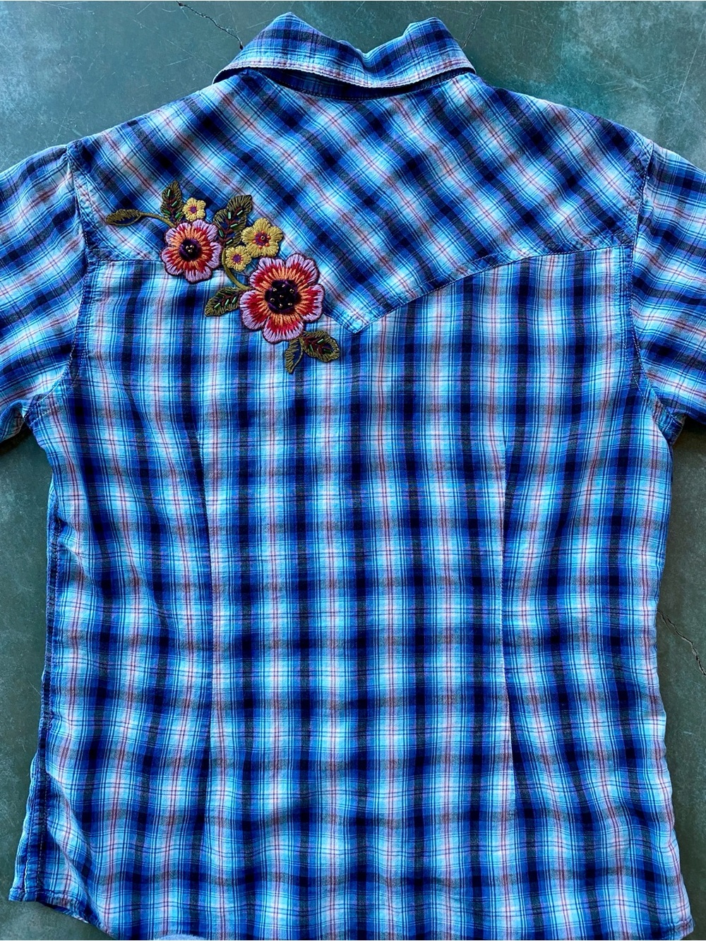 Panhandle Slim Blue Plaid Short-Sleeve Snap-Down Shirt - Picture 10 of 12